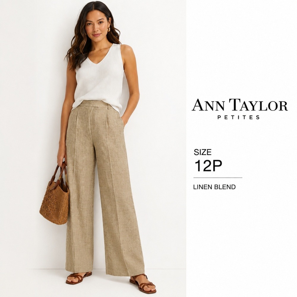 Ann Taylor Trousers Womens 12P Tan Glen Plaid Wide Leg VTG Linen Blend Career‎